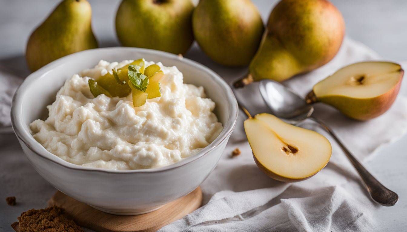 Bland breakfast, cottage cheese cream and pear compote in a white bowl with pears on the table