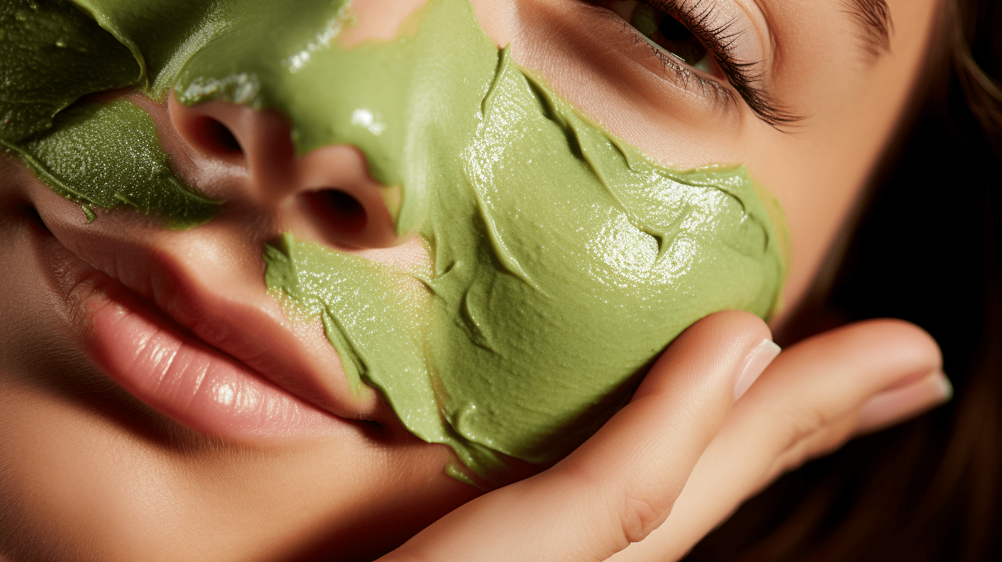 All Perfect Health: A close-up shot of a hand applying a rich avocado face mask, the creamy texture of the mask gliding smoothly on the skin, the vibrant green color of the avocado contrasting with the person's skin tone