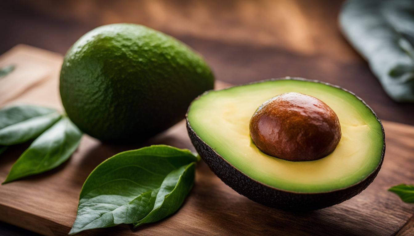A close-up photo of a ripe avocado on a wooden cutting board surrounded by fresh green leaves.