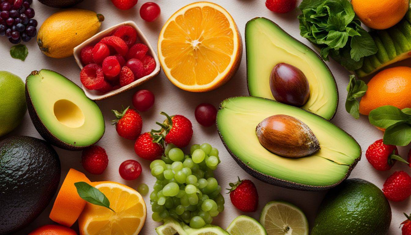 All Perfect Health: A close-up photo of sliced avocado surrounded by a variety of vibrant fruits and vegetables.
