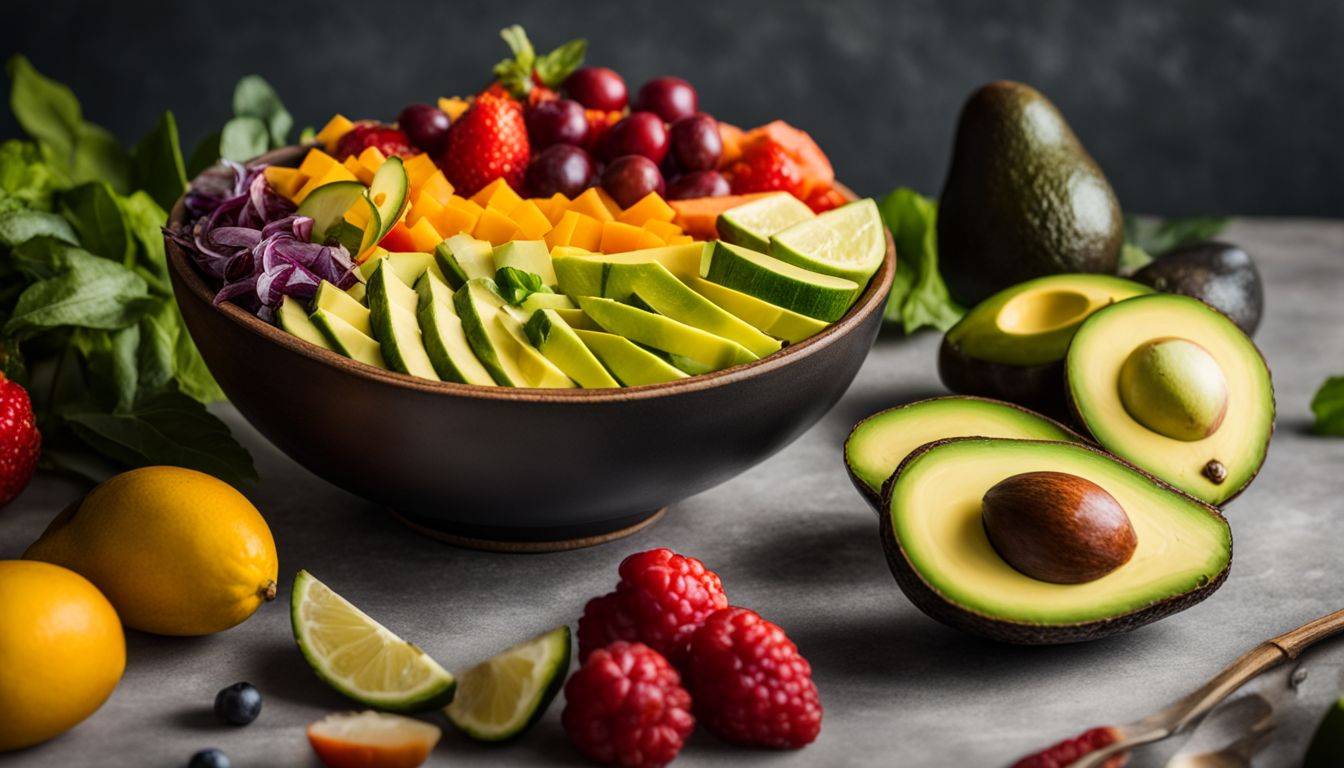 All Perfect Health: A colorful bowl of avocado slices surrounded by vibrant fruits and vegetables, captured in crystal-clear detail.