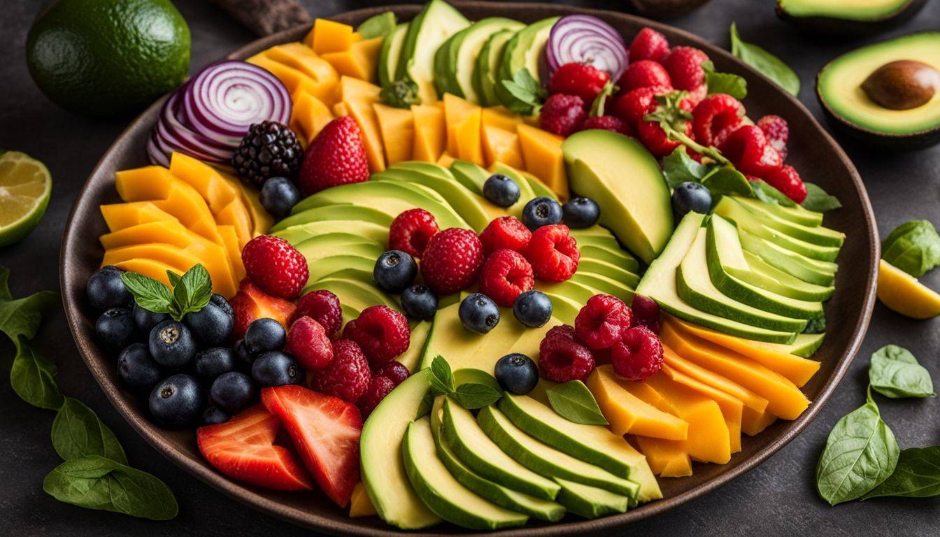 All Perfect Health: A colorful platter of avocado slices surrounded by vibrant fruits and vegetables.