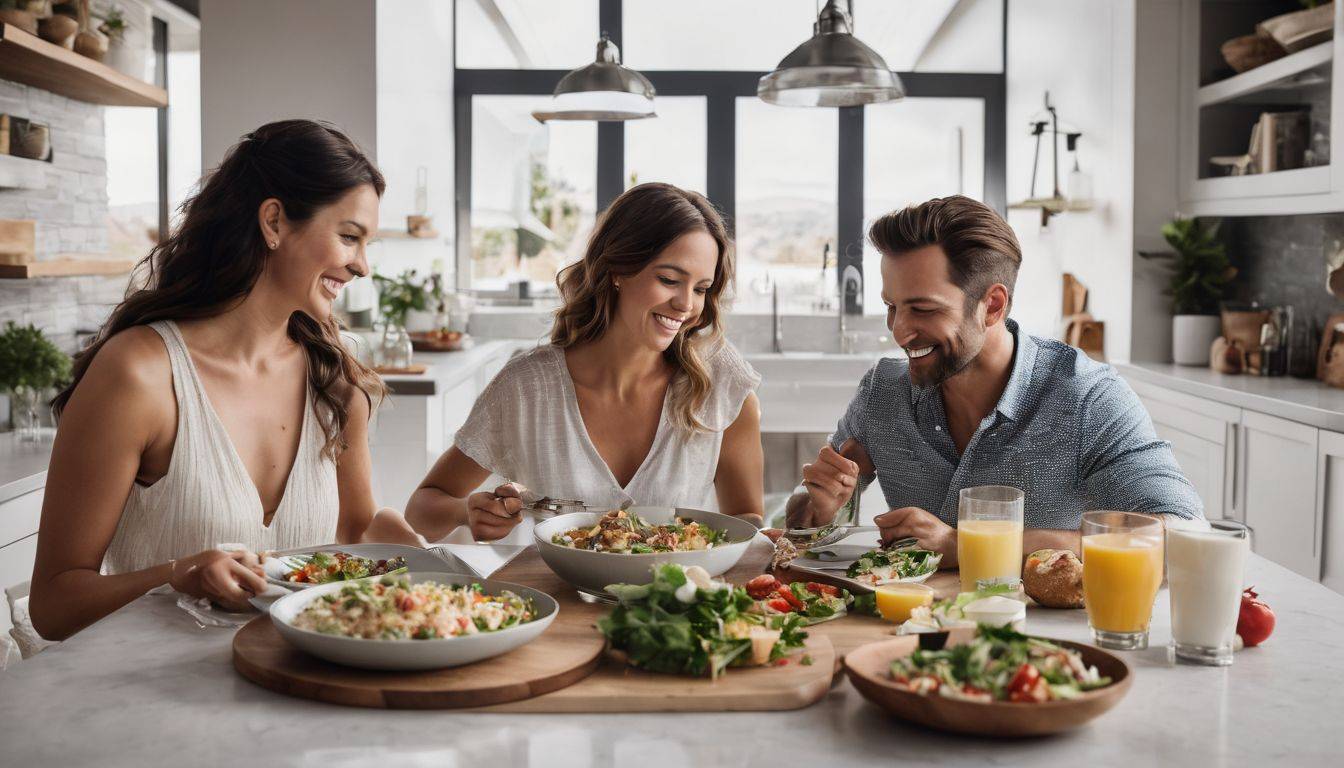 A diverse family enjoying a healthy meal together in a modern kitchen, captured in a vibrant and cinematic photograph.