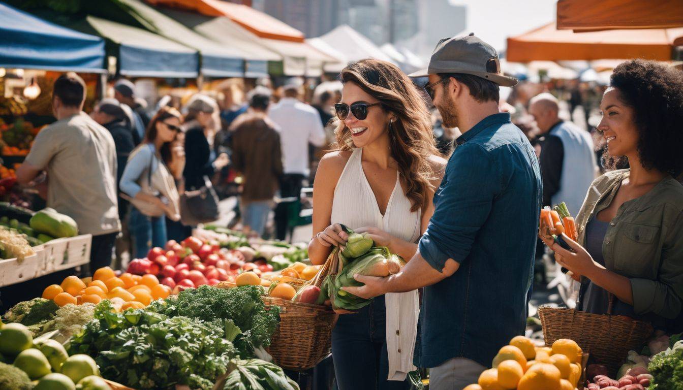 A diverse group of people shopping for fresh fruits and vegetables at a vibrant farmers market.