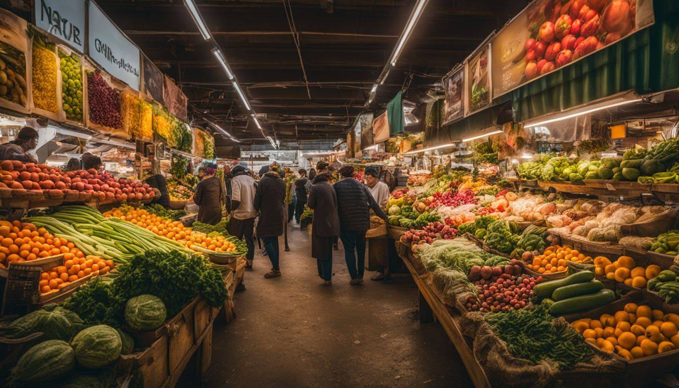 A lively market scene with diverse people and a wide variety of fruits and vegetables.