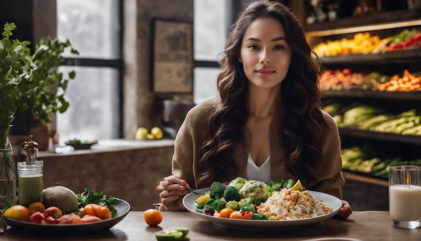 A person holds a balanced meal surrounded by fruits and vegetables in a bustling atmosphere.