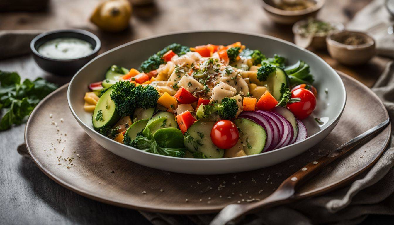 All Perfect Health: A photo of a plate of low-carb vegetables and healthy fats, with various people and backgrounds, taken with professional equipment.
