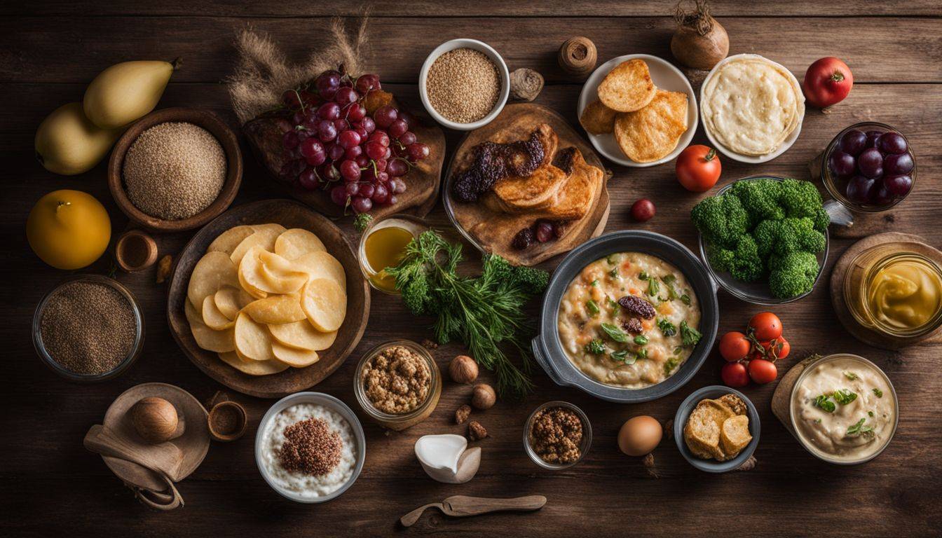 A photo of a variety of low-carb foods on a rustic table, with people of different ethnicities and styles nearby.