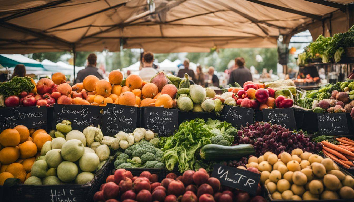 All Perfect Health: A photo of a vibrant farmers market with fresh fruits and vegetables, diverse people, and a bustling atmosphere.