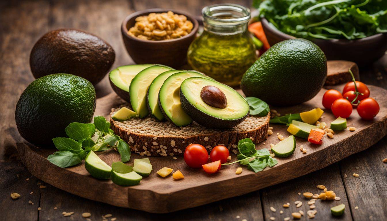 All Perfect Health: A photo of avocado slices alongside vegetables and bread, showcasing vibrant colors and photorealistic quality.