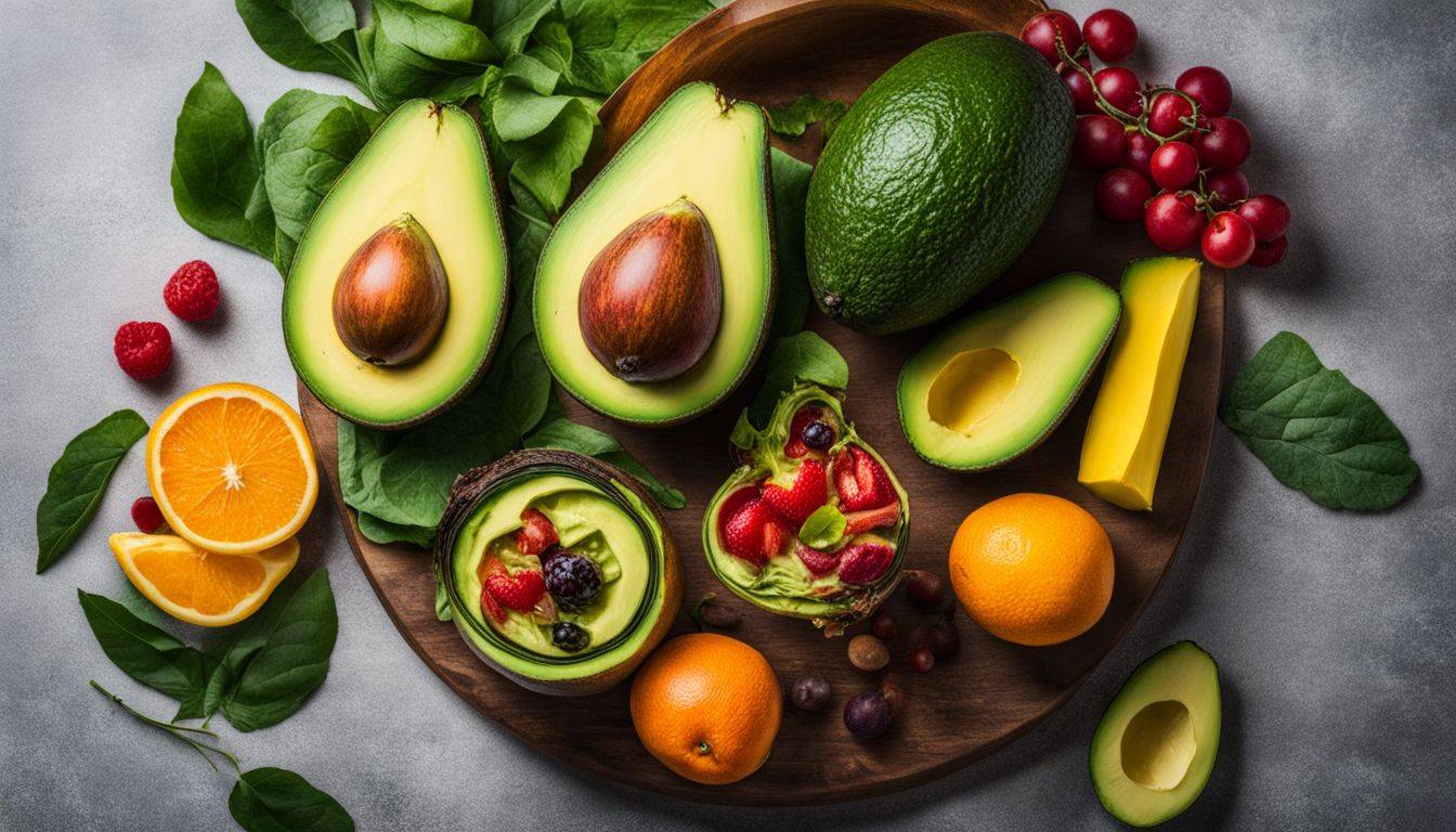 A vibrant and diverse display of healthy fruits and vegetables, with a ripe avocado as the focal point.