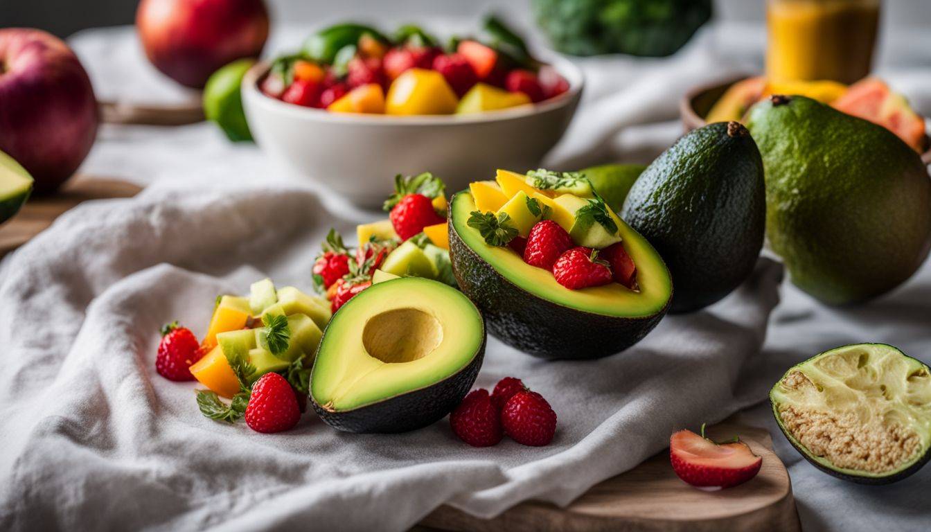 All Perfect Health: A vibrant and diverse scene featuring a sliced avocado surrounded by fruits and vegetables.