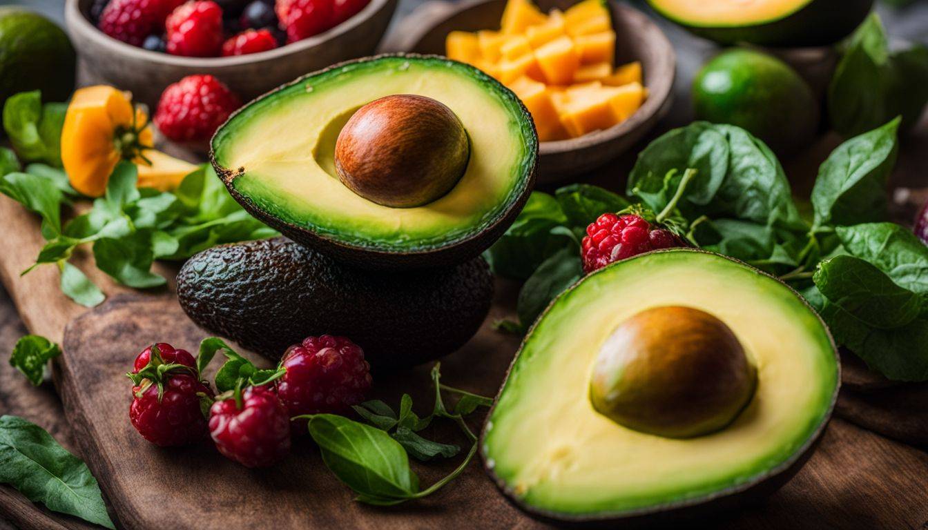 A vibrant and diverse scene featuring fresh avocados, fruits and vegetables