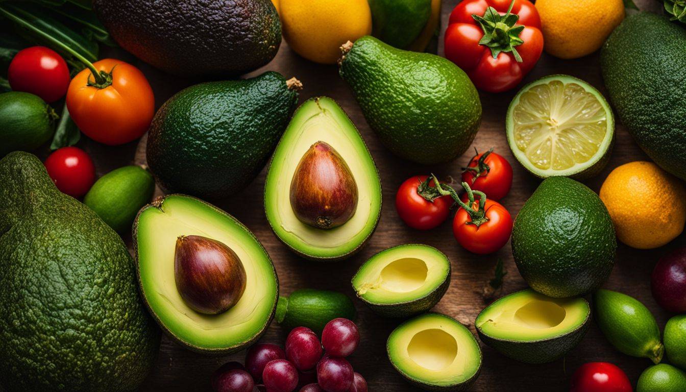 A vibrant assortment of avocados, fruits, and vegetables captured in crystal-clear detail.