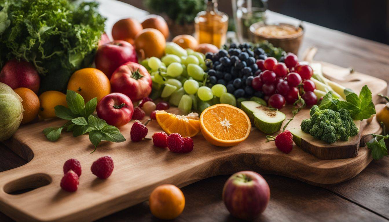 All Perfect Health: A vibrant assortment of fresh fruits and vegetables on a wooden cutting board, showcasing diversity in people and styles.