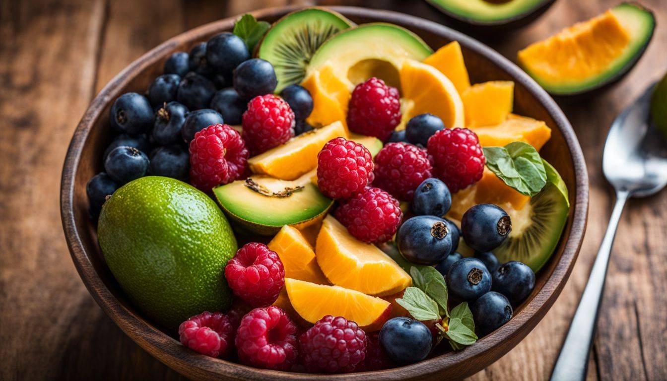 All Perfect Health: A vibrant bowl of mixed fruits and avocados on a wooden table, captured with precise detail and clarity.