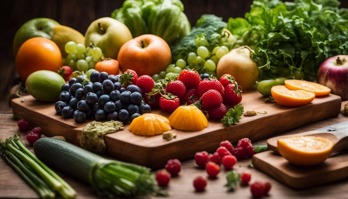 A vibrant display of fruits and vegetables on a cutting board, featuring diverse people and various ethnicities.