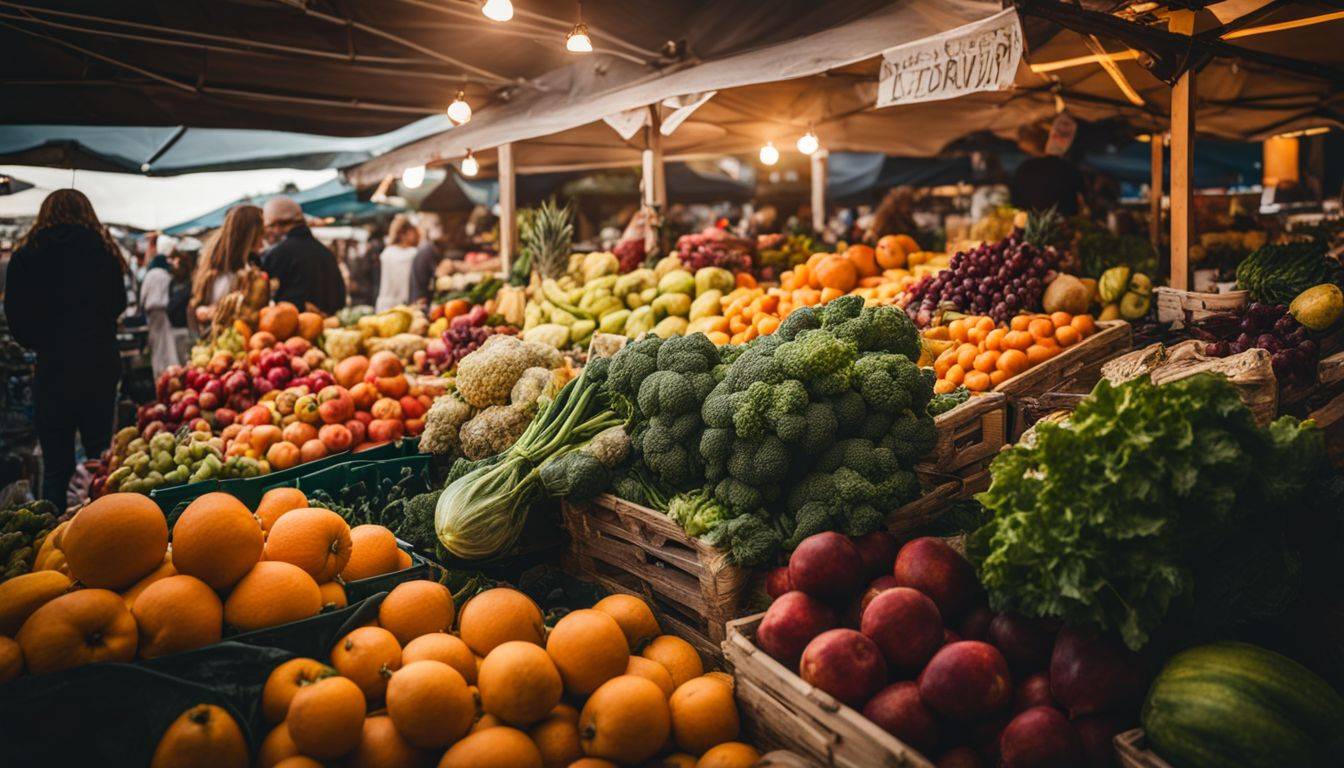 All Perfect Health: A vibrant farmers market with a variety of colorful fruits and vegetables, captured with a professional camera.