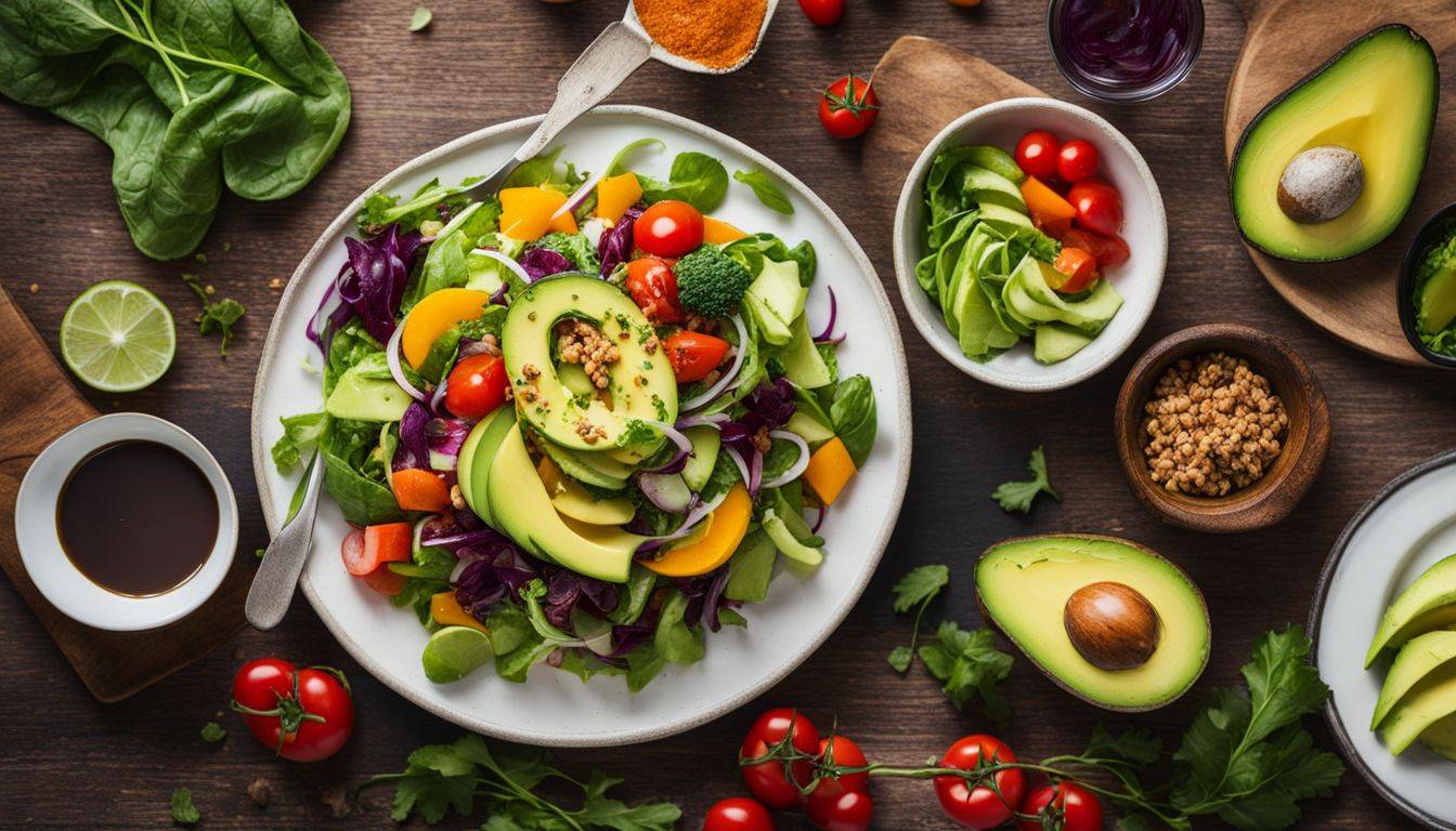 All Perfect Health: A vibrant, healthy salad with avocado slices and colorful vegetables on a wooden table, captured in crystal-clear detail.