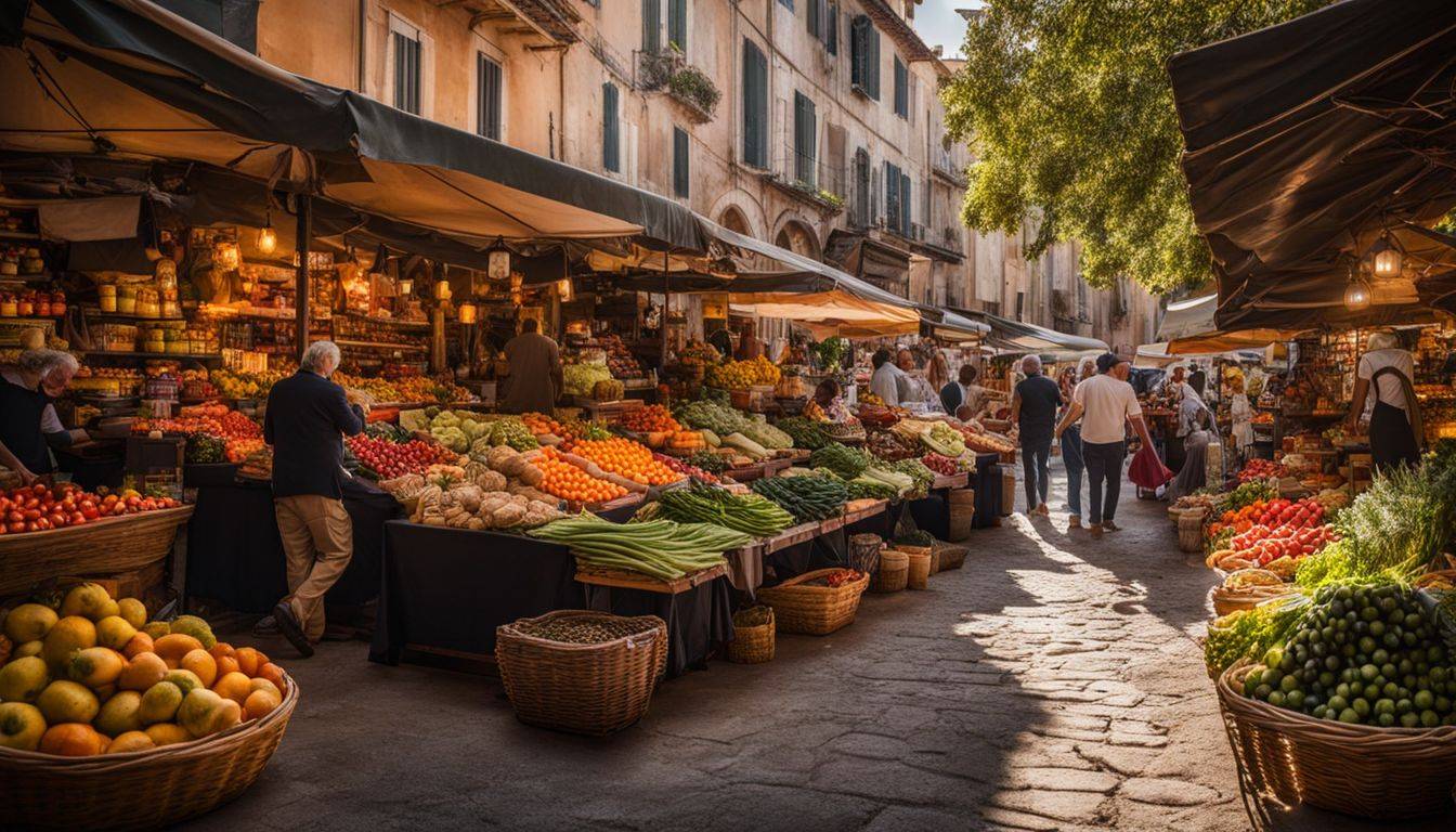 All Perfect Health: A vibrant Mediterranean market filled with fresh produce, diverse people, and a bustling atmosphere, captured in a high-quality photograph.