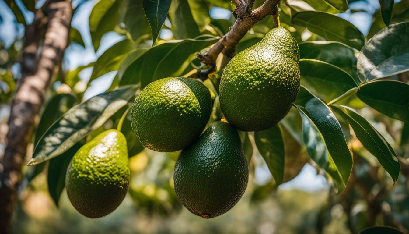 A vibrant photo of an avocado tree with ripe avocados hanging from the branches.