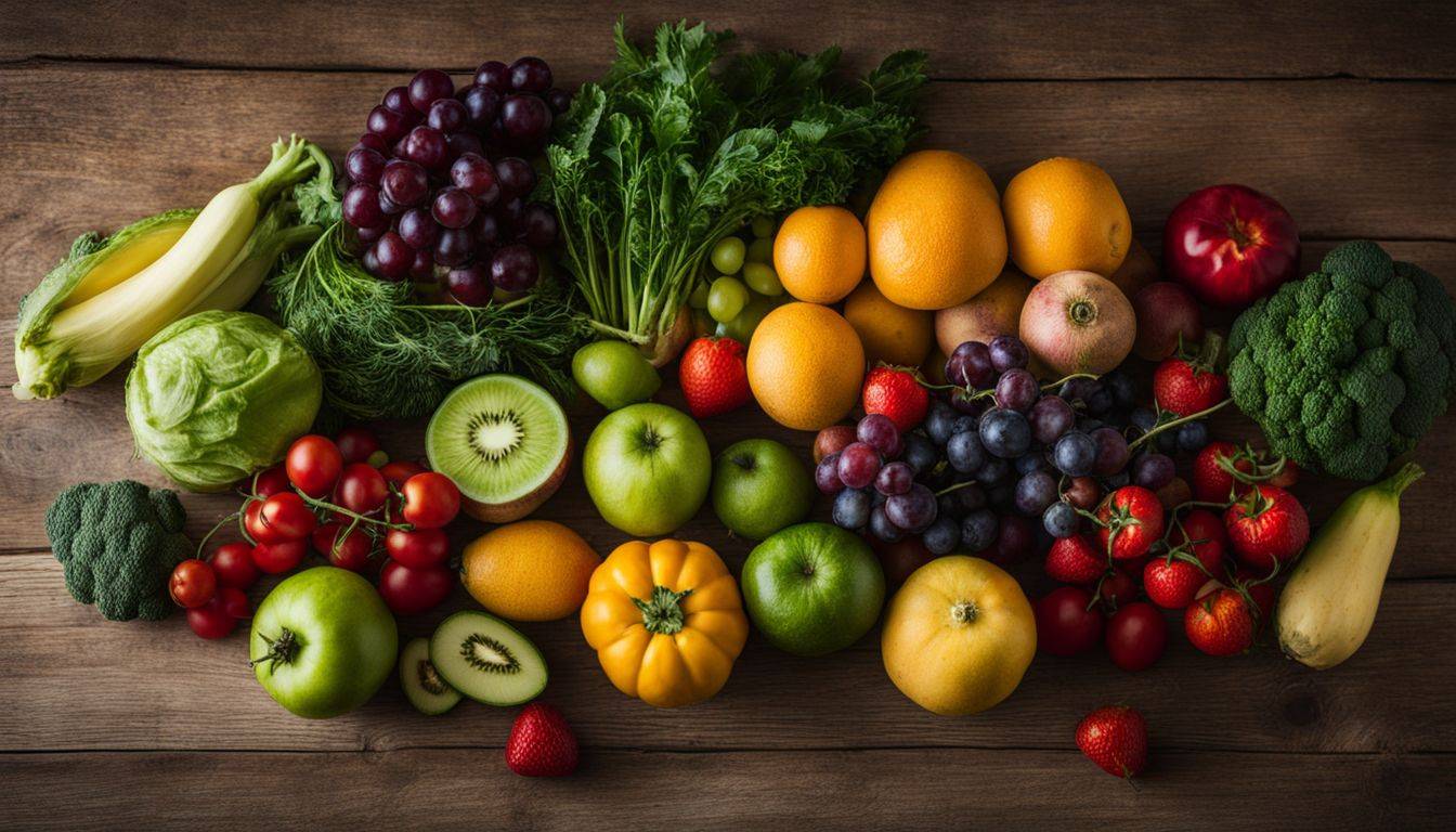 All Perfect Health: A vibrant still life photograph featuring a diverse array of fresh fruits and vegetables on a wooden table.