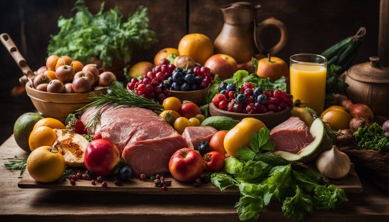 An array of fresh fruits, vegetables, and lean meats presented on a rustic wooden table with diverse individuals and their unique styles.