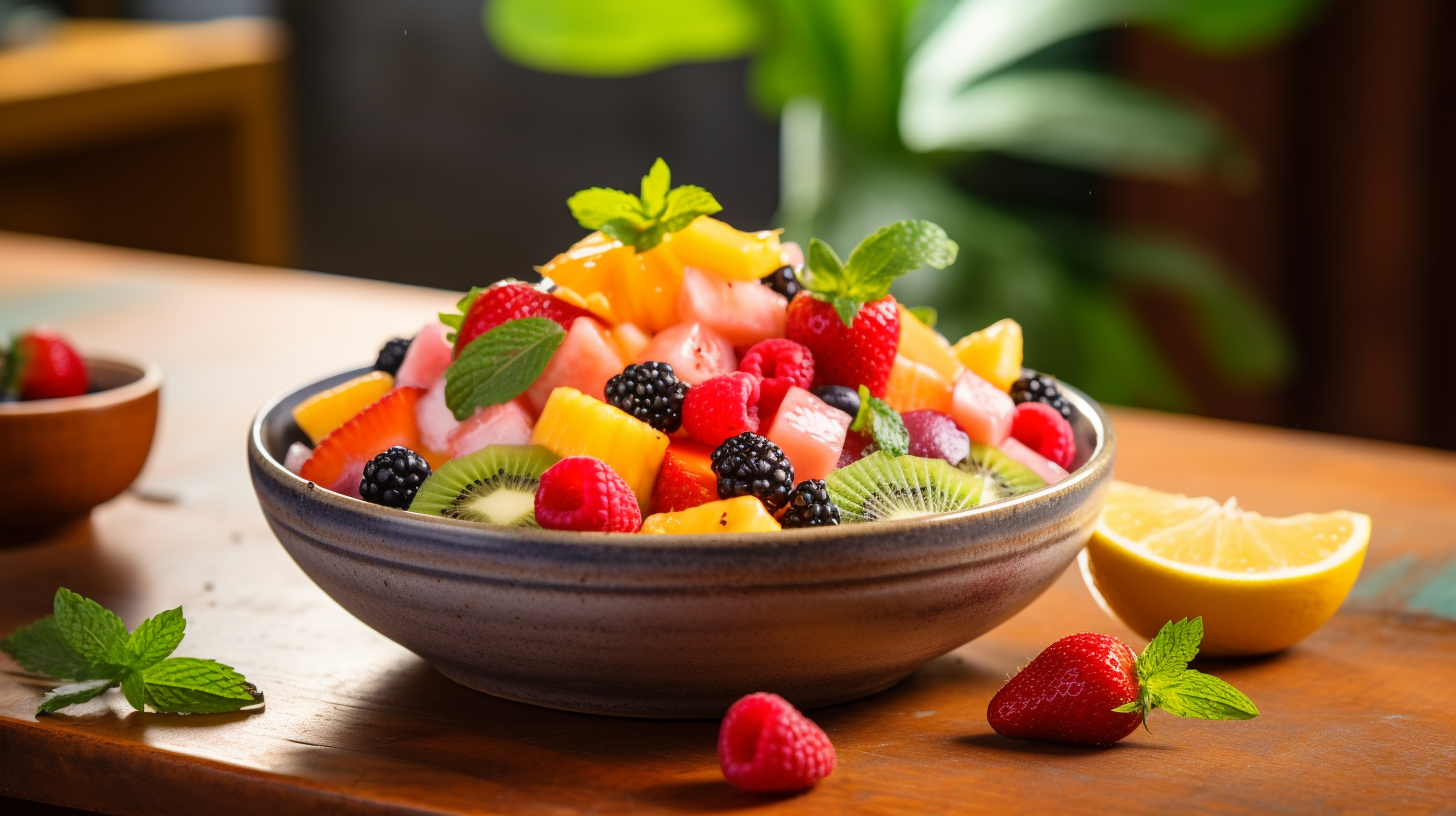 All Perfect Health: A close-up shot of a vibrant and refreshing fruit salad, featuring a mix of juicy berries, diced tropical fruits, and a sprinkle of mint leaves