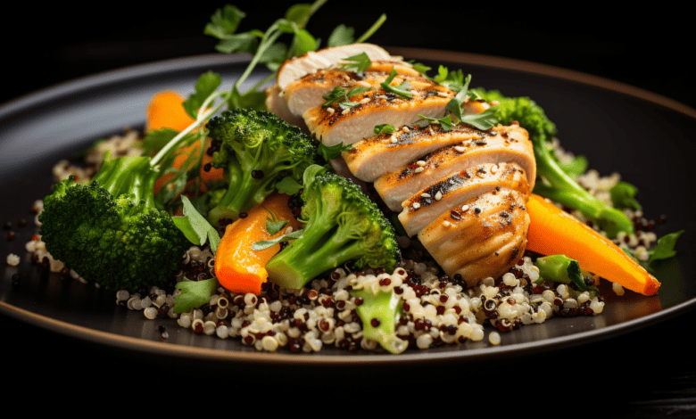 All Perfect Health: A balanced meal on a plate, consisting of grilled chicken, steamed vegetables, and a side of quinoa, garnished with fresh herbs.