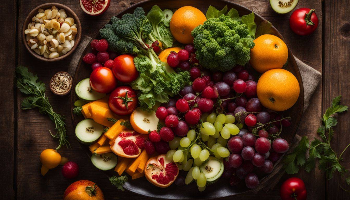 A colorful and bountiful display of fruits and vegetables on a rustic wooden table.