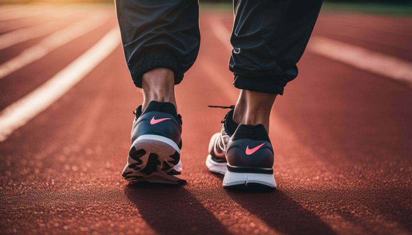 A photo of running shoes on a vibrant track at sunset with a bustling atmosphere.