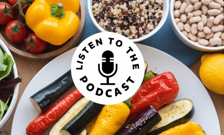 a plate of whole food with a microphone and a bowl of beans