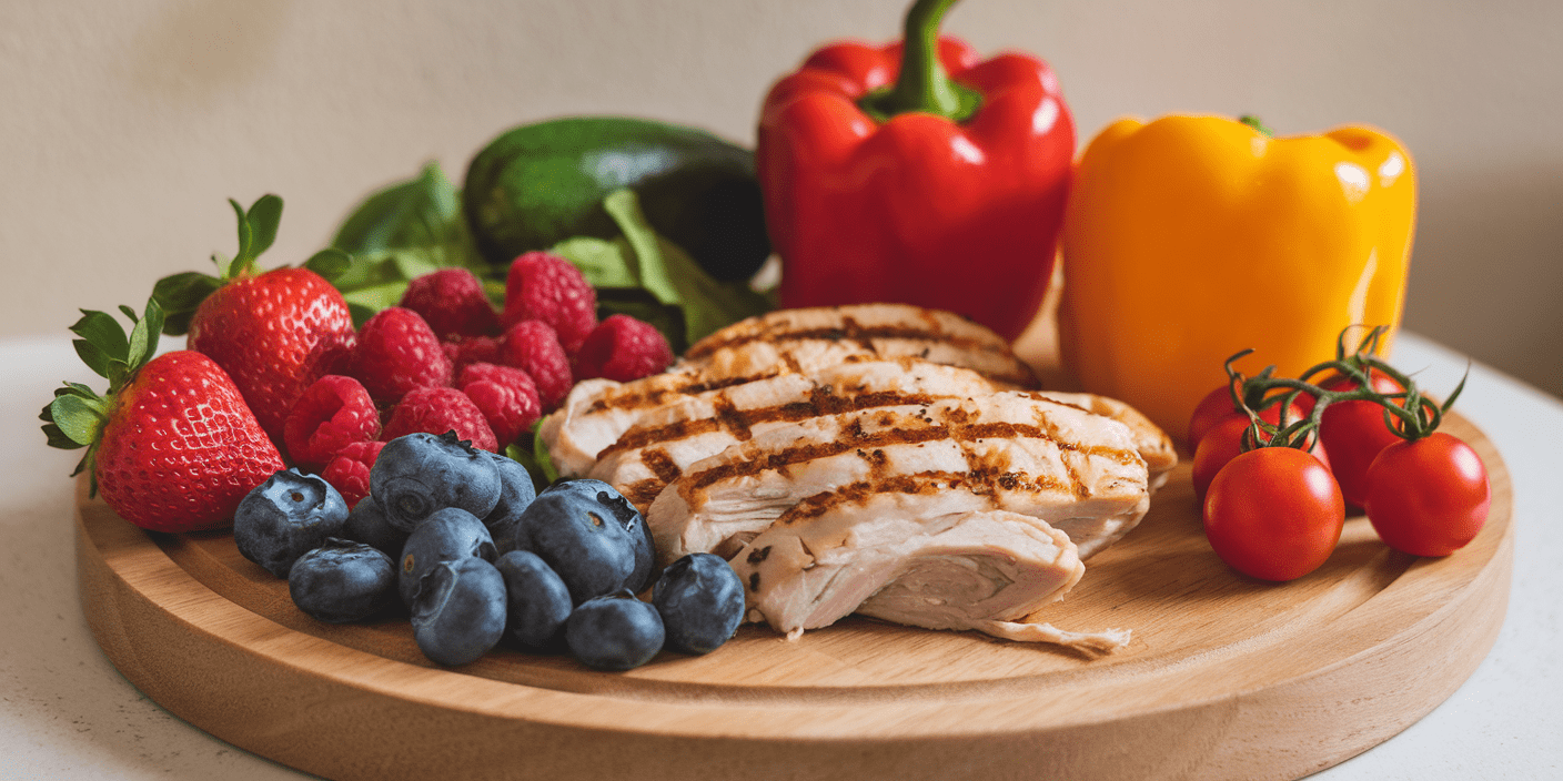 a plate of food with meat and fruits