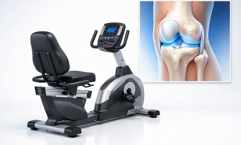 Professional studio photo of a modern recumbent exercise bike on a clean white background, with a close-up inset of a human