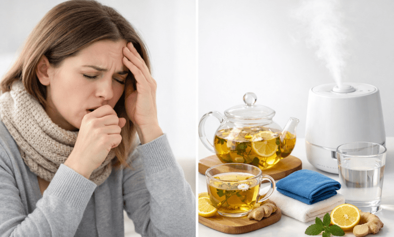 split-screen showing person with cough and headache on left, and natural remedies
