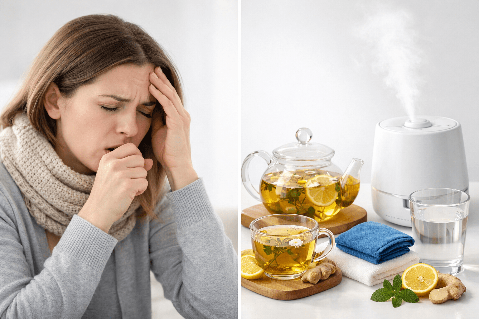 split-screen showing person with cough and headache on left, and natural remedies
