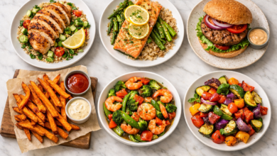 Healthy Choice Meals. Six healthy meals arranged on a clean white marble surface: grilled chicken, baked