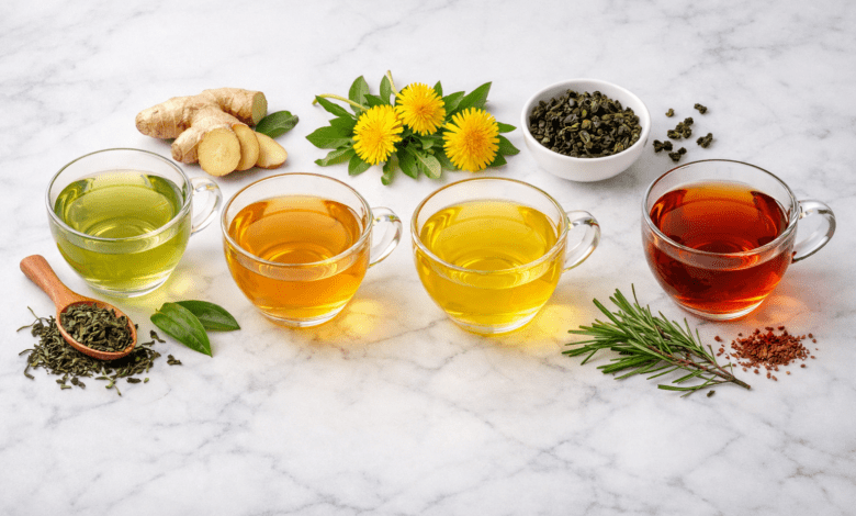 five distinct detox teas in elegant glass cups arranged in a semi-circle on a white marble
