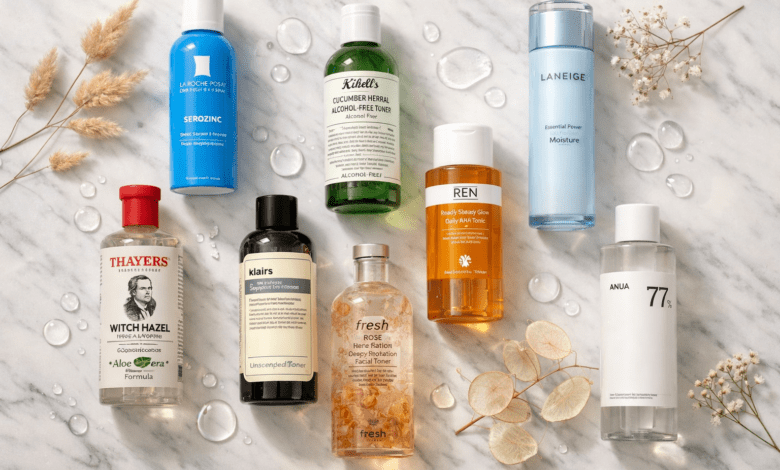 9 skincare toner bottles arranged on a white marble surface with dried botanicals,