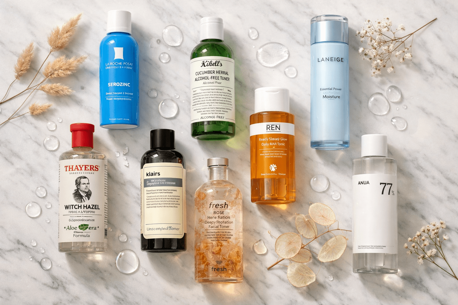 9 skincare toner bottles arranged on a white marble surface with dried botanicals,