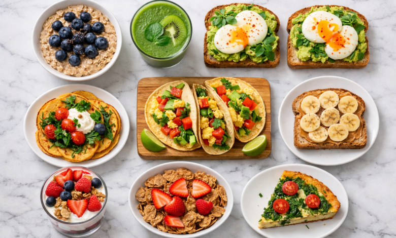 photo of 9 colorful healthy weight-loss meals arranged on a white marble surface: oatmeal
