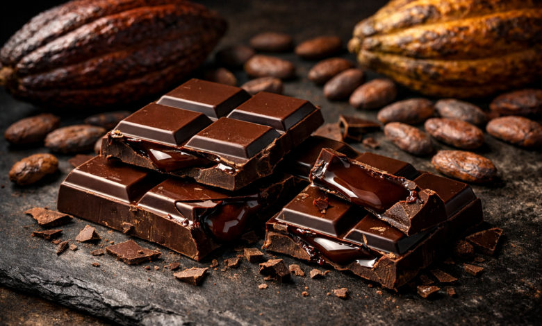 Professional hero image: rich dark chocolate bar broken into pieces revealing glossy interior, scattered cocoa beans and