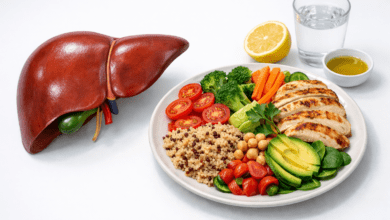 a healthy human liver illustration beside a balanced meal plate with lean proteins,