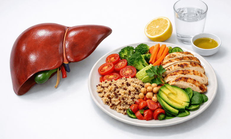 a healthy human liver illustration beside a balanced meal plate with lean proteins,