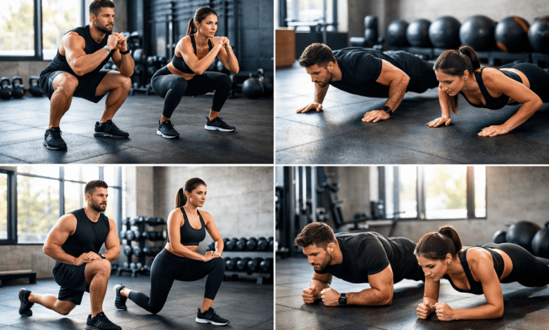 athletic man and woman performing body composition exercises in a modern gym, split-screen