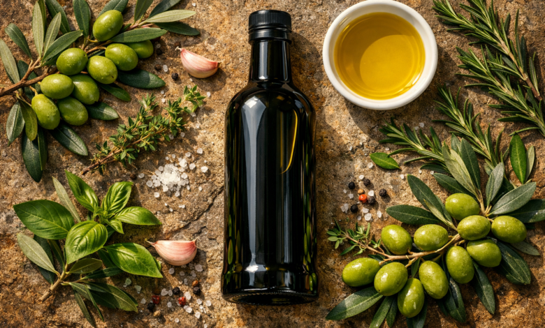 A stunning overhead flat-lay of a dark glass bottle of extra virgin olive oil surrounded by fresh green olives on a branch,