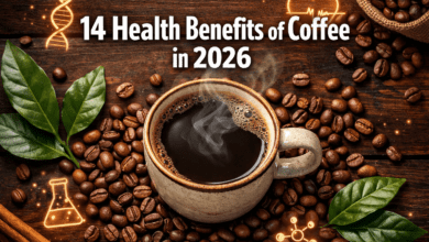 14 Health Benefits of Coffee in 2026' in extra large white with dark drop , centered in