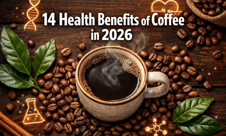 14 Health Benefits of Coffee in 2026' in extra large white with dark drop , centered in