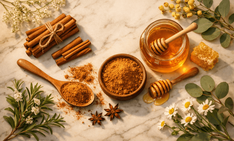 Cinnamon benefits for skin, Flat-lay hero shot of cinnamon sticks, ground cinnamon powder, honey jar, and fresh botanicals on white marble surface with