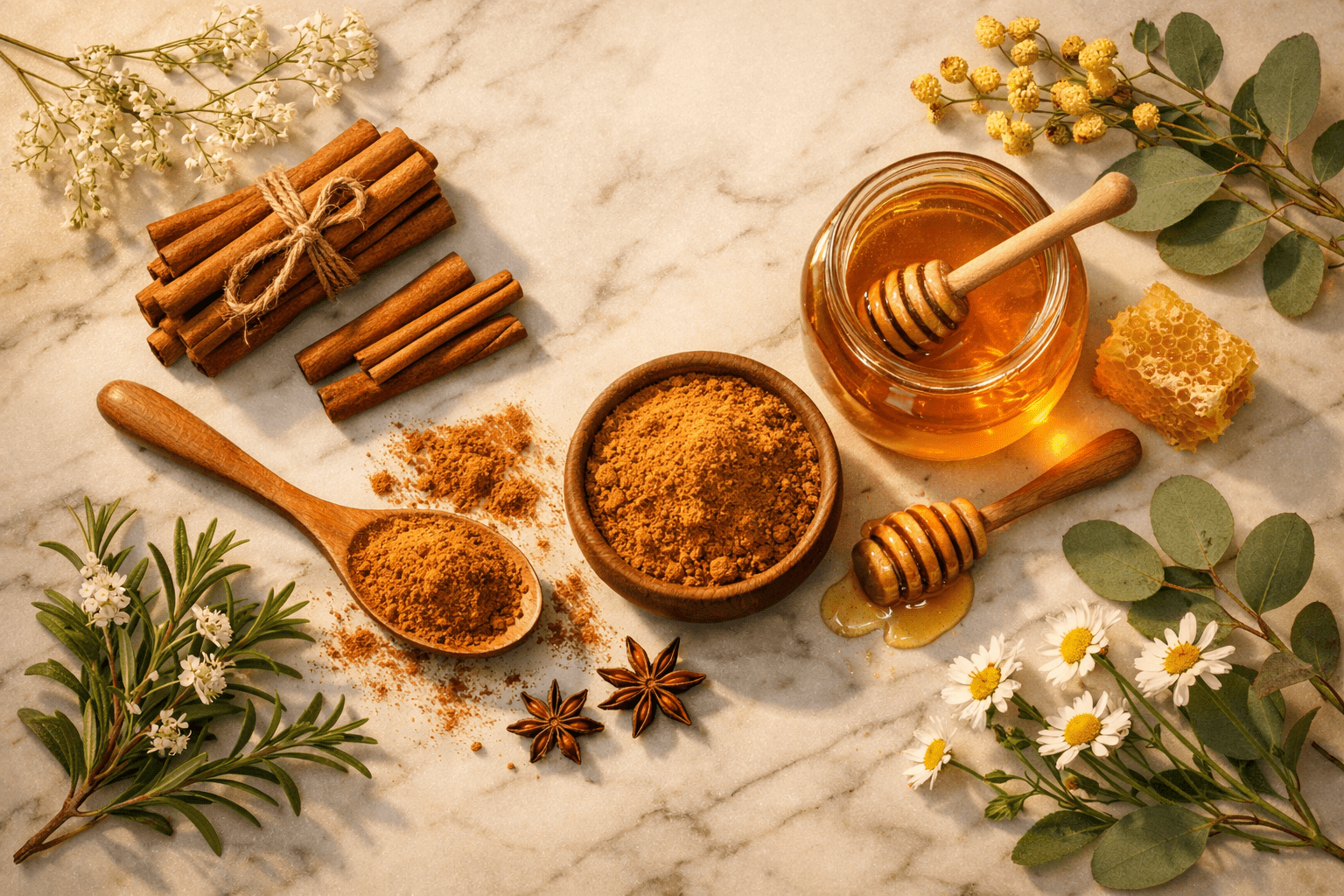 Cinnamon benefits for skin, Flat-lay hero shot of cinnamon sticks, ground cinnamon powder, honey jar, and fresh botanicals on white marble surface with